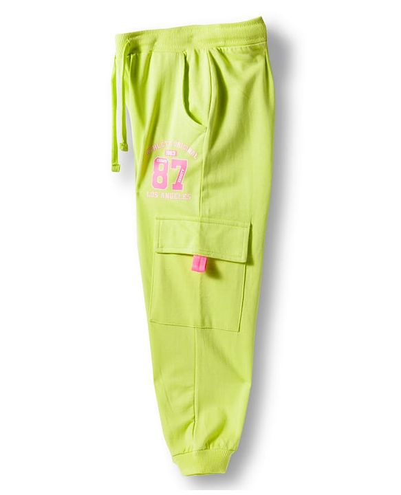 Babyhug French Terry Knit Full Length Lounge Pant with Athletic Text Print & Pocket - Light Green