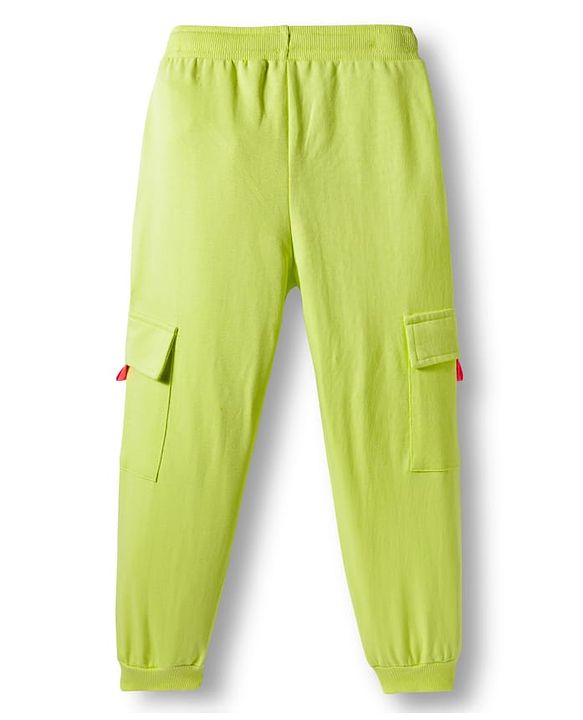 Babyhug French Terry Knit Full Length Lounge Pant with Athletic Text Print & Pocket - Light Green