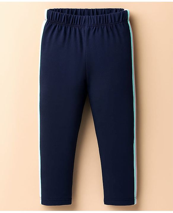 Babyhug Cotton Knit Full Length Leggings With Tape Design- Navy Blue