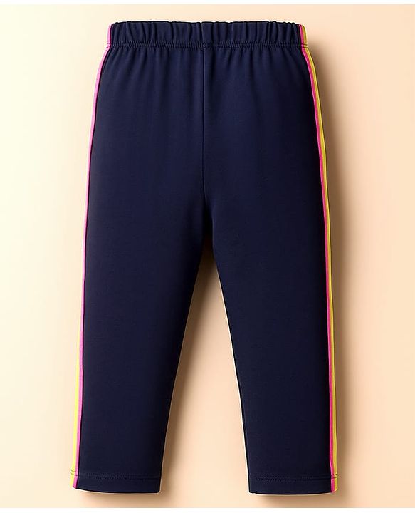 Babyhug Cotton Knit Full Length Leggings With Tape Design- Navy Blue