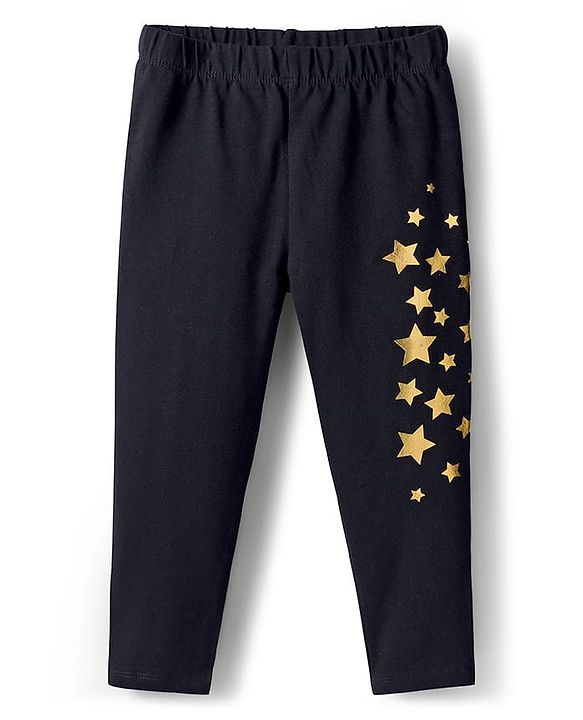 Babyhug Cotton Lycra Knit Full Length Leggings with Stars Print - Black
