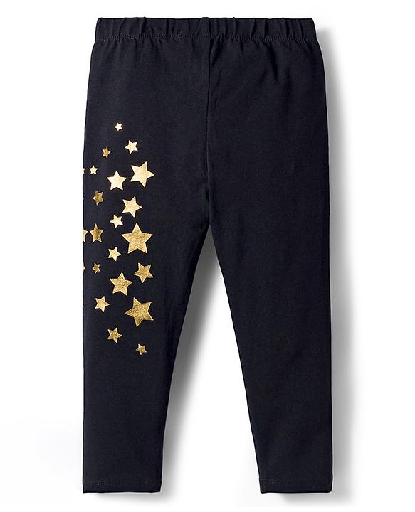 Babyhug Cotton Lycra Knit Full Length Leggings with Stars Print - Black