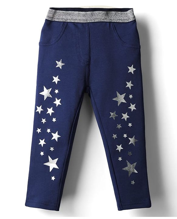 Babyhug Cotton Lycra Knit Full Length Jeggings With Foil Star Print & Stretch - Navy Blue