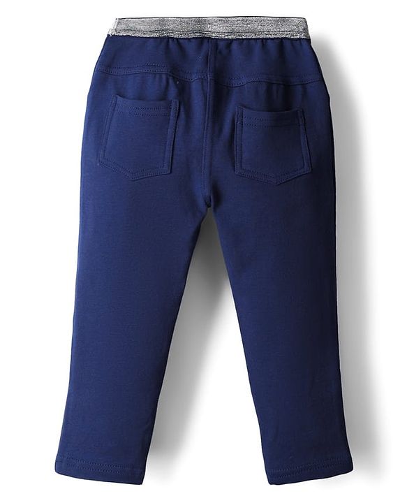 Babyhug Cotton Lycra Knit Full Length Jeggings With Foil Star Print & Stretch - Navy Blue
