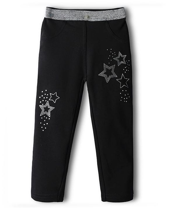 Babyhug Cotton Lycra Knit Jeggings With Stretch & Star Print - Black