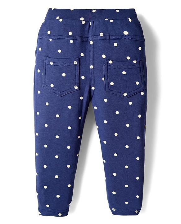 Babyhug Cotton Lycra Knit Full Length Jeggings With Polka Dot Print - Navy Blue