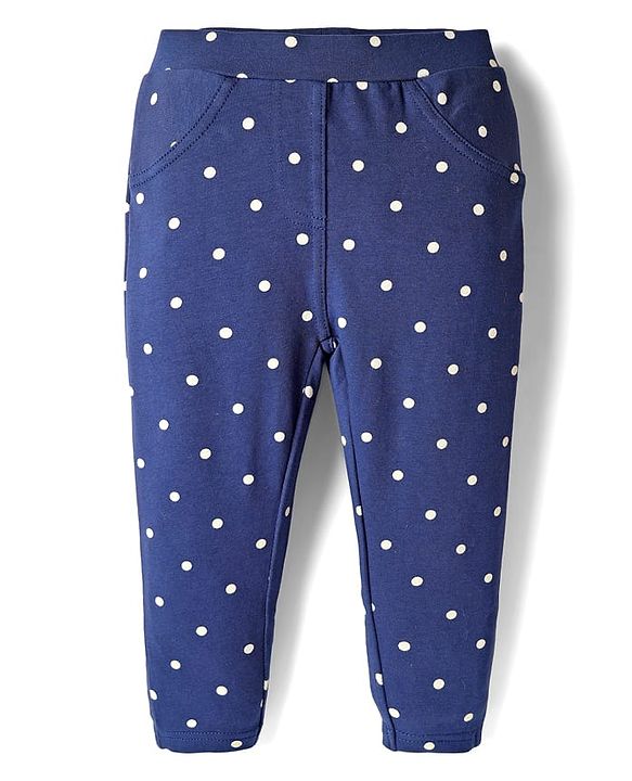 Babyhug Cotton Lycra Knit Full Length Jeggings With Polka Dot Print - Navy Blue
