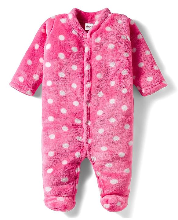 Babyhug Velour Knit Full Sleeves Footed Winter Sleep Suit with Polka Dot Print - Pink