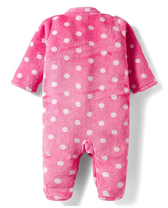 Babyhug Velour Knit Full Sleeves Footed Winter Sleep Suit with Polka Dot Print - Pink