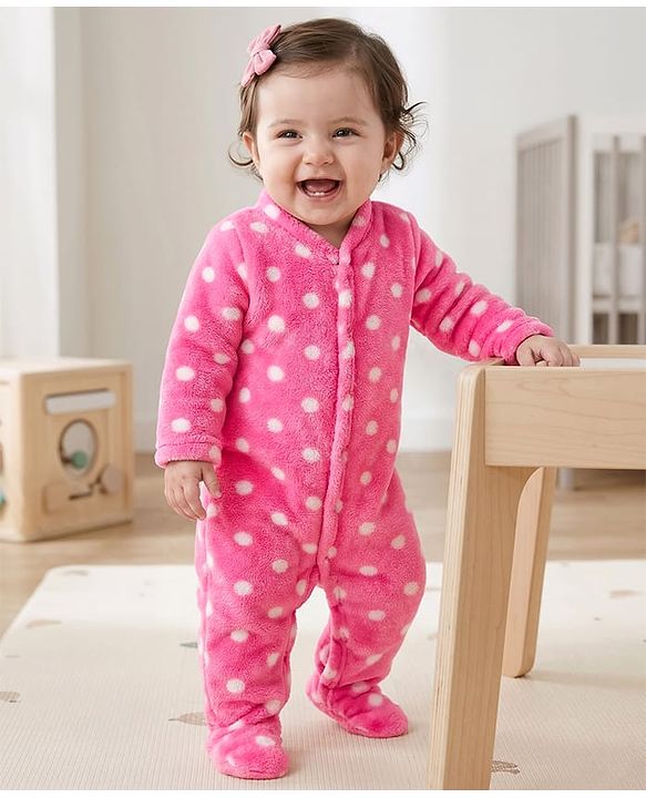 Babyhug Velour Knit Full Sleeves Footed Winter Sleep Suit with Polka Dot Print - Pink