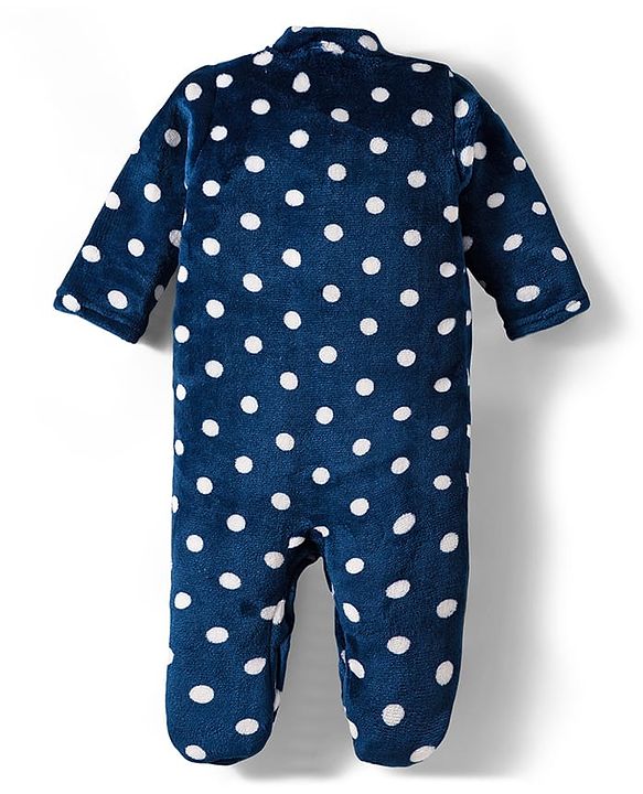 Babyhug Velour Knit Full Sleeves Footed Velour Winter Sleep Suit with Polka Dot Print - Navy Blue