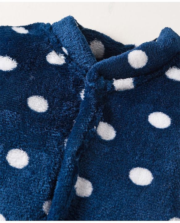 Babyhug Velour Knit Full Sleeves Footed Velour Winter Sleep Suit with Polka Dot Print - Navy Blue