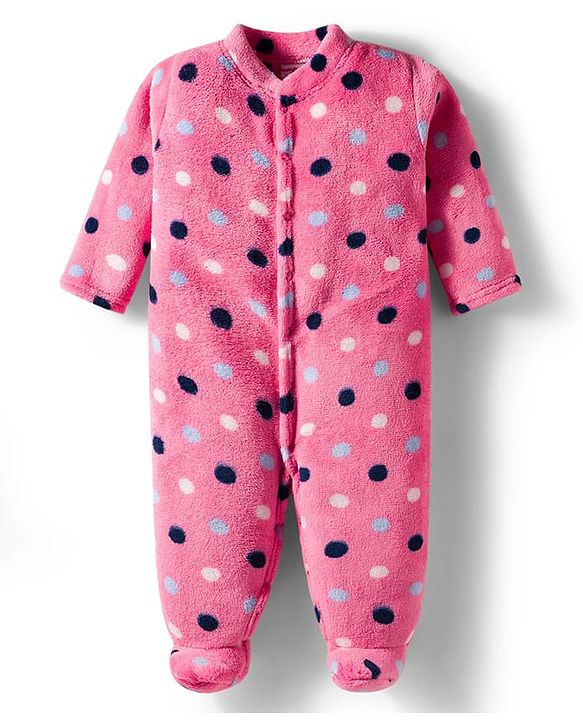 Babyhug Velour Knit Full Sleeves Footed Velour Winter Sleep Suit with Polka Dot Print - Pink