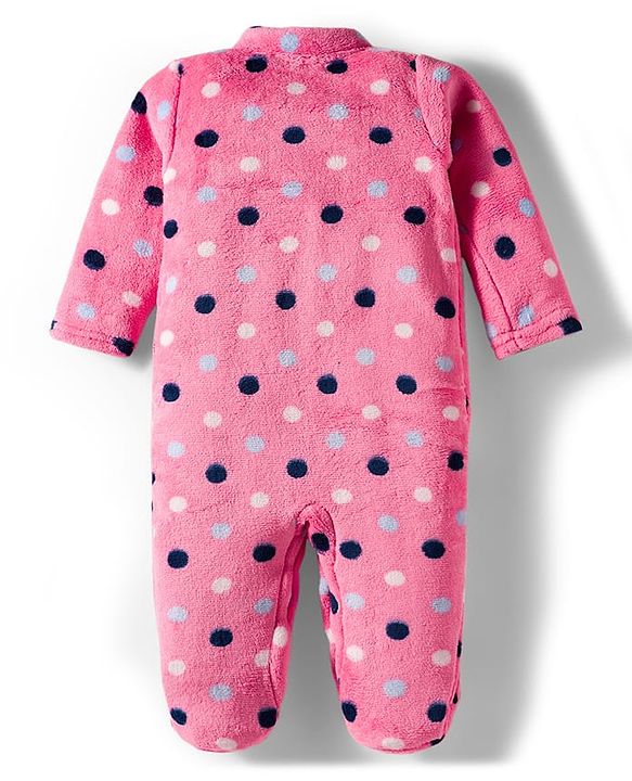 Babyhug Velour Knit Full Sleeves Footed Velour Winter Sleep Suit with Polka Dot Print - Pink