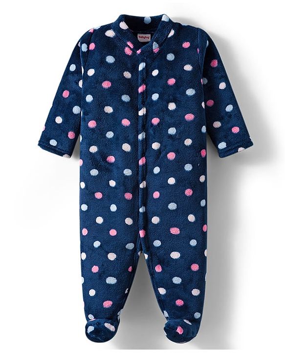 Babyhug Velour Knit Full Sleeves Footed Velour Winter Sleep Suit with Polka Dot Print - Navy Blue