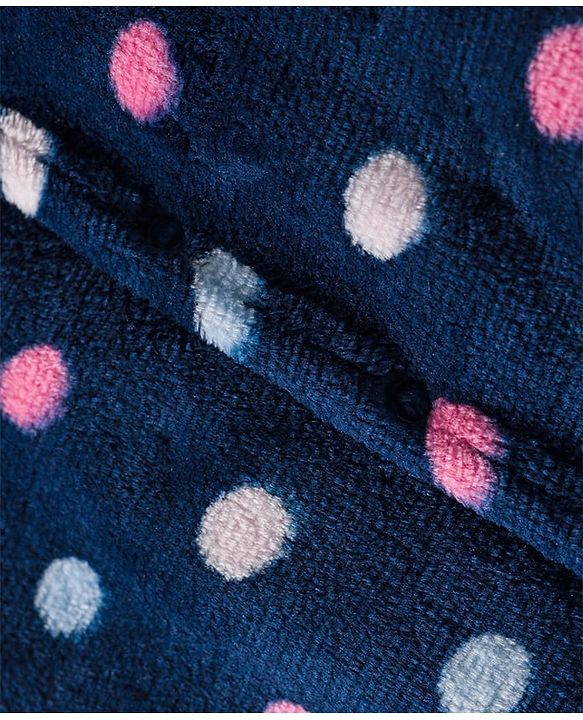 Babyhug Velour Knit Full Sleeves Footed Velour Winter Sleep Suit with Polka Dot Print - Navy Blue