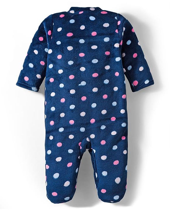 Babyhug Velour Knit Full Sleeves Footed Velour Winter Sleep Suit with Polka Dot Print - Navy Blue