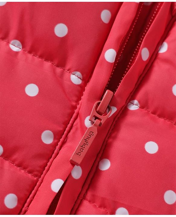 Babyhug Woven Full Sleeves Hooded Padded Jacket With Polka Dot Print & Bow Applique - Red