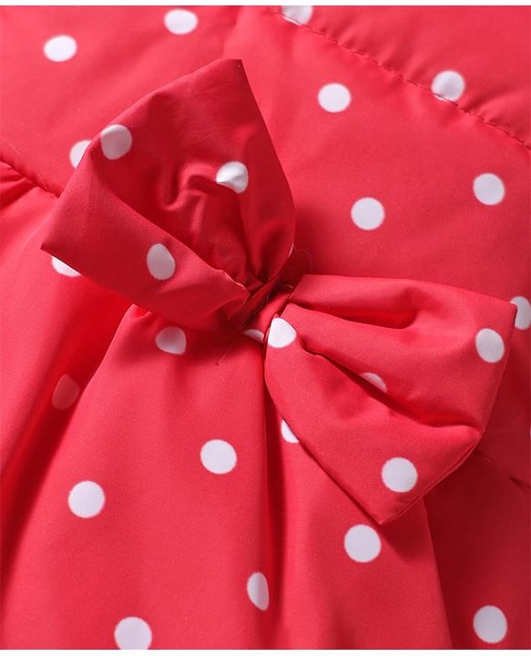 Babyhug Woven Full Sleeves Hooded Padded Jacket With Polka Dot Print & Bow Applique - Red