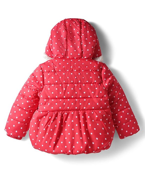 Babyhug Woven Full Sleeves Hooded Padded Jacket With Polka Dot Print & Bow Applique - Red