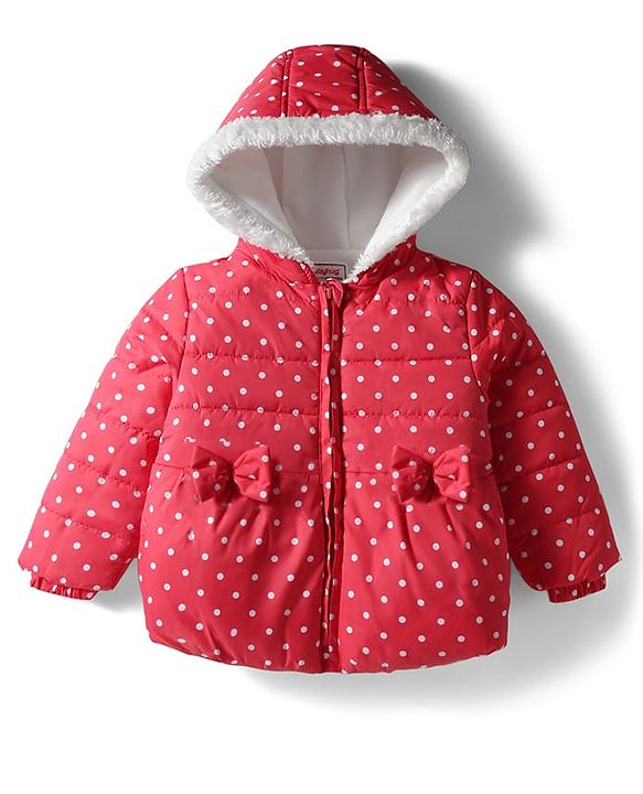Babyhug Woven Full Sleeves Hooded Padded Jacket With Polka Dot Print & Bow Applique - Red