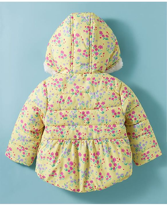 Babyhug Woven Full Sleeves Padded Hooded Jacket with Floral Print Bow Applique & Fur Design - Yellow