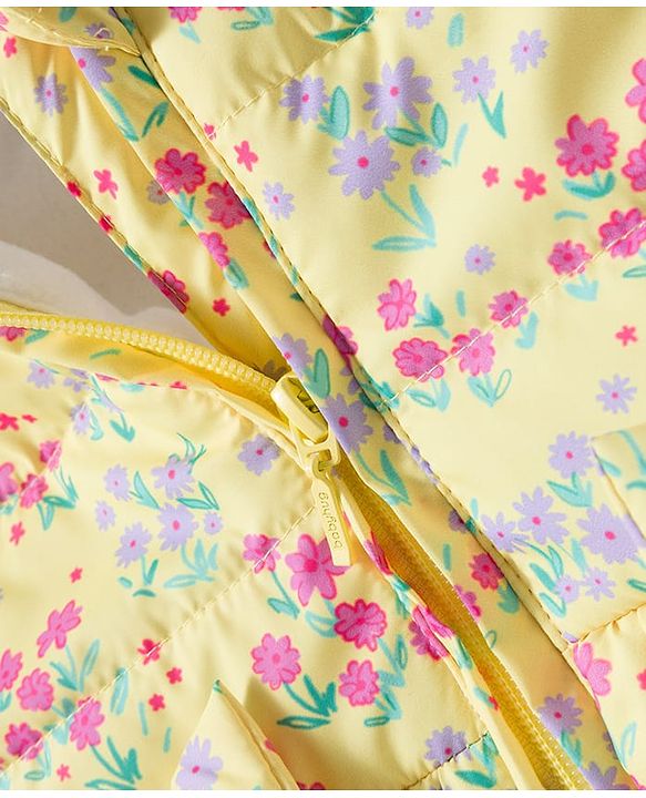 Babyhug Woven Full Sleeves Padded Hooded Jacket with Floral Print Bow Applique & Fur Design - Yellow