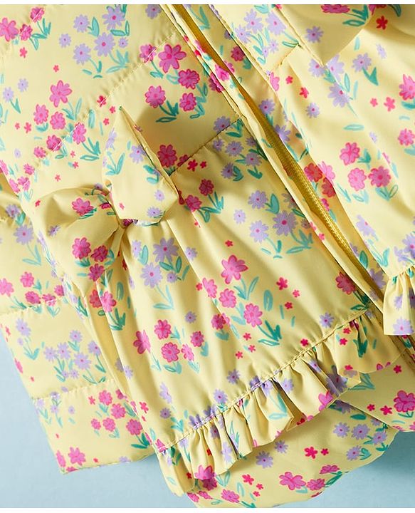 Babyhug Woven Full Sleeves Padded Hooded Jacket with Floral Print Bow Applique & Fur Design - Yellow