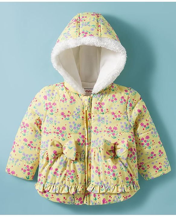 Babyhug Woven Full Sleeves Padded Hooded Jacket with Floral Print Bow Applique & Fur Design - Yellow