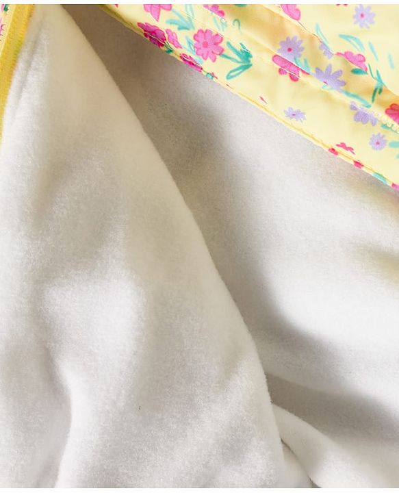 Babyhug Woven Full Sleeves Padded Hooded Jacket with Floral Print Bow Applique & Fur Design - Yellow