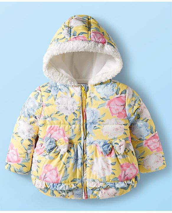Babyhug Woven Full Sleeves Hoodie with Floral Print & Bow Applique - Pink & Yellow