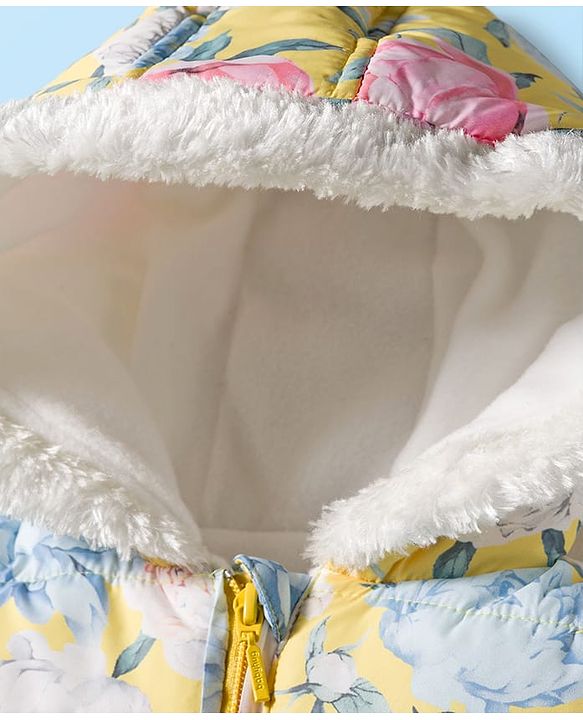 Babyhug Woven Full Sleeves Hoodie with Floral Print & Bow Applique - Pink & Yellow
