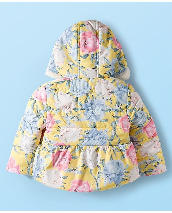 Babyhug Woven Full Sleeves Hoodie with Floral Print & Bow Applique - Pink & Yellow