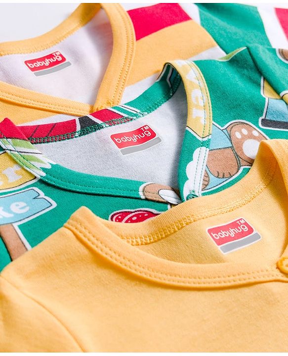 Babyhug 100% Cotton Interlock Knit Full Sleeves Jhablas With Animal Print Pack Of 3 - Yellow & Green