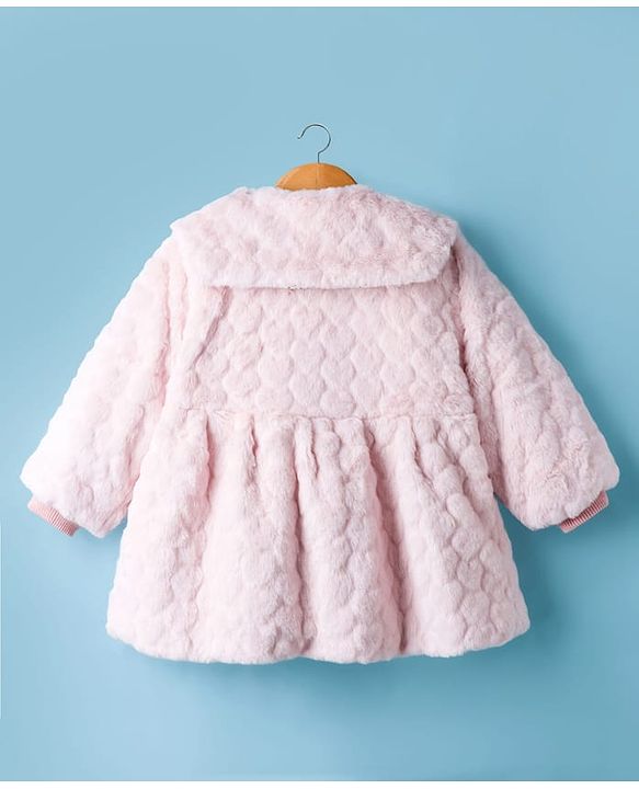 Babyhug Fur Woven Full Sleeves Winter Jacket With Heart & Floral Applique - Pink