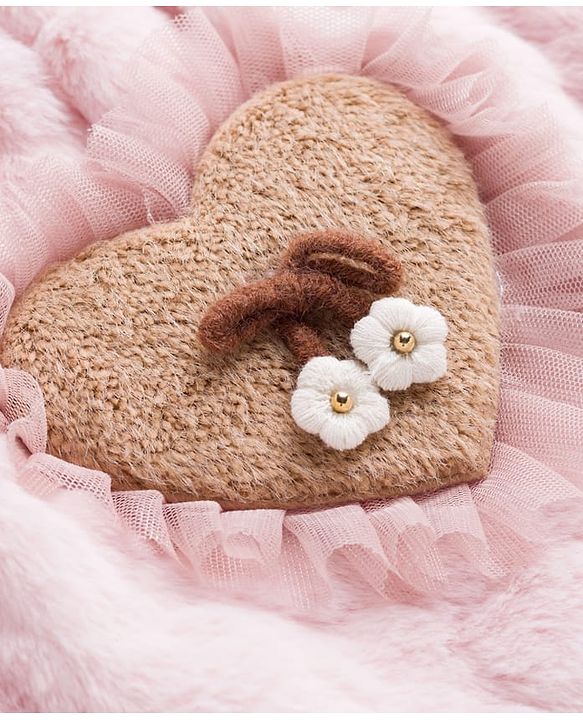 Babyhug Fur Woven Full Sleeves Winter Jacket With Heart & Floral Applique - Pink