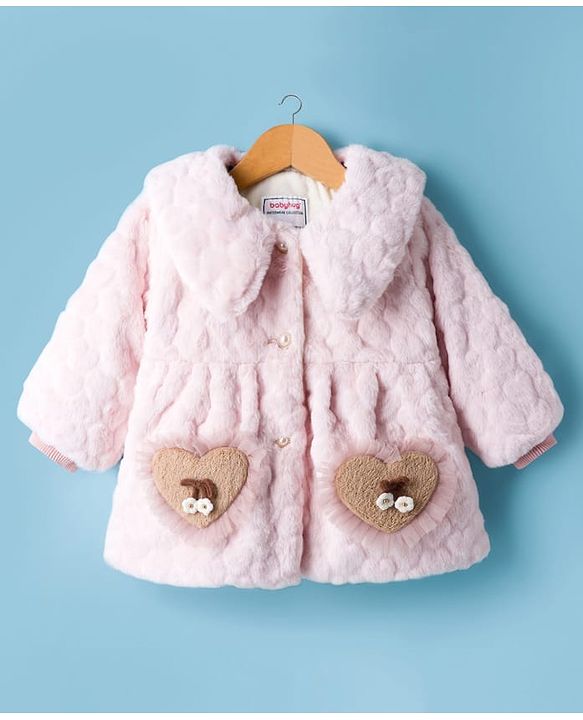 Babyhug Fur Woven Full Sleeves Winter Jacket With Heart & Floral Applique - Pink