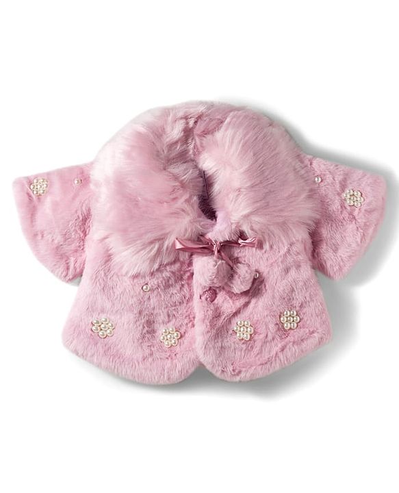 Babyhug Fur Woven Full Sleeves Jacket with Pearl Floral Applique - Pink