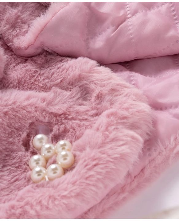 Babyhug Fur Woven Full Sleeves Jacket with Pearl Floral Applique - Pink