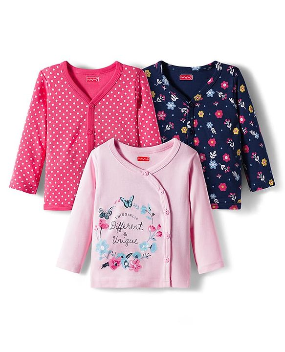 Babyhug 100% Cotton Knit Full Sleeves Front Open Vest with Polka Dots & Floral Print Pack of 3 - Dark Pink & Navy Blue