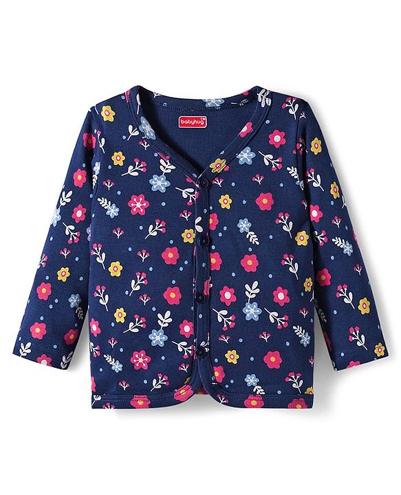 Babyhug 100% Cotton Knit Full Sleeves Front Open Vest with Polka Dots & Floral Print Pack of 3 - Dark Pink & Navy Blue