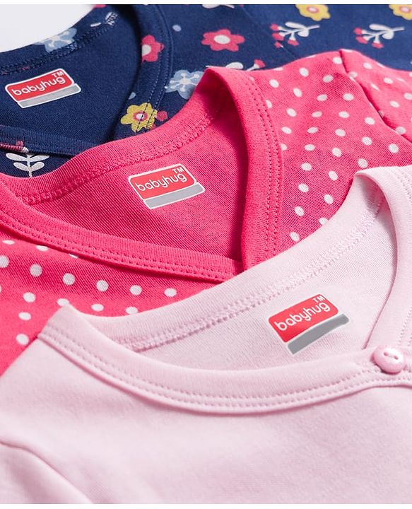 Babyhug 100% Cotton Knit Full Sleeves Front Open Vest with Polka Dots & Floral Print Pack of 3 - Dark Pink & Navy Blue