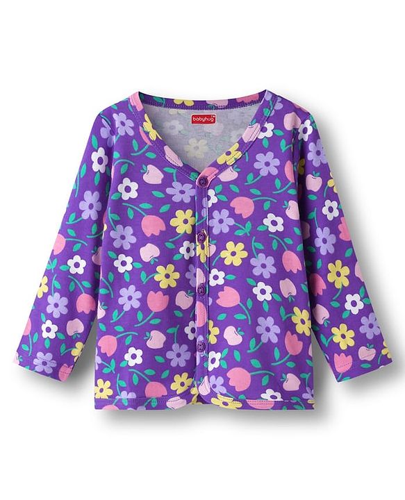 Babyhug 100% Cotton Interlock Knit Full Sleeves Jhablas With Polka Dot & Floral Print Pack Of 3 - Pink Purple & Yellow