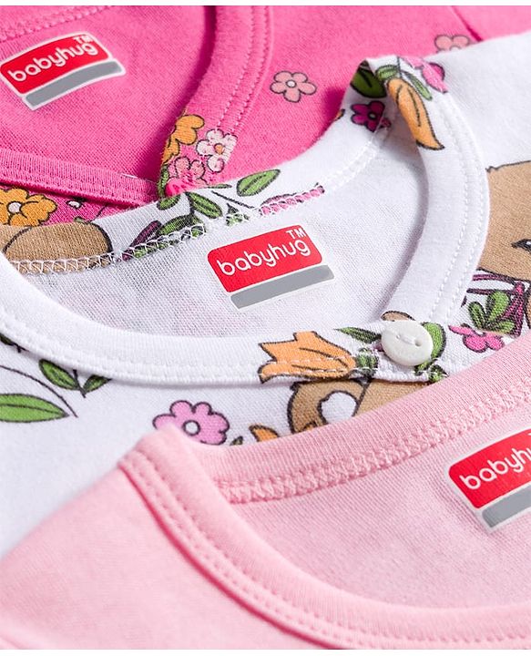 Babyhug 100% Cotton Interlock Knit Full Sleeves Jhablas With Floral & Animal Print Pack Of 3 - Pink & White