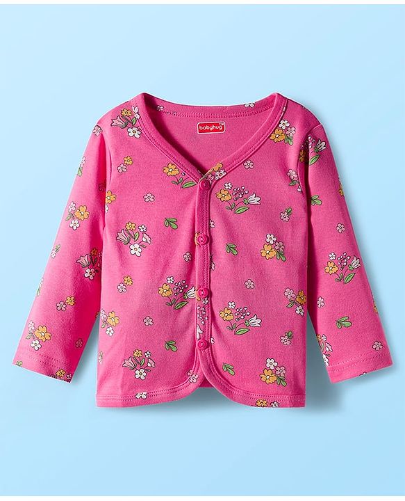 Babyhug 100% Cotton Interlock Knit Full Sleeves Jhablas With Floral & Animal Print Pack Of 3 - Pink & White