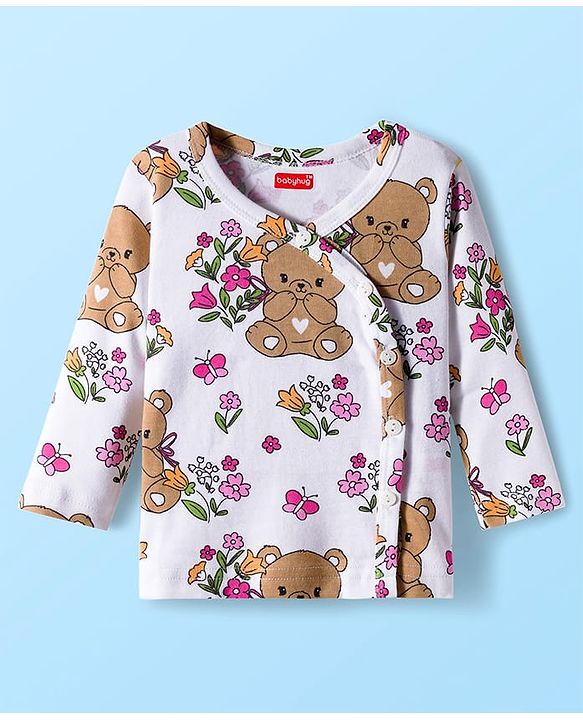 Babyhug 100% Cotton Interlock Knit Full Sleeves Jhablas With Floral & Animal Print Pack Of 3 - Pink & White