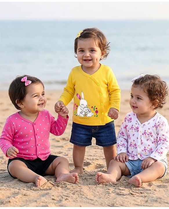Babyhug 100% Cotton Full Sleeves Jhablas With Floral & Polka Dot Print Pack Of 3 - Pink Yellow & White