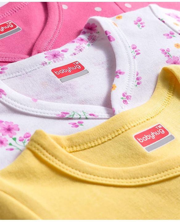 Babyhug 100% Cotton Full Sleeves Jhablas With Floral & Polka Dot Print Pack Of 3 - Pink Yellow & White