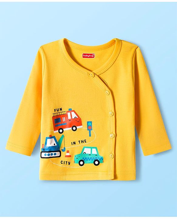 Babyhug 100% Cotton Interlock Knit Full Sleeves Jhablas With Stripes & Vehicle Print Pack Of 3 - Yellow & White