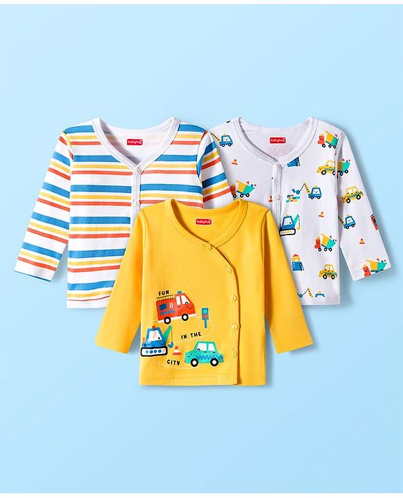 Babyhug 100% Cotton Interlock Knit Full Sleeves Jhablas With Stripes & Vehicle Print Pack Of 3 - Yellow & White